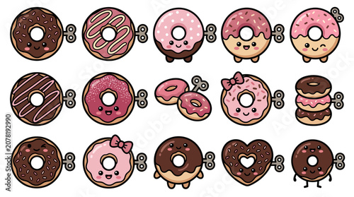 Canvastavla Cute colorful wind-up donut characters set.