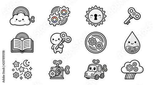 Slika na platnu Creative wind-up concept icons in black and white.