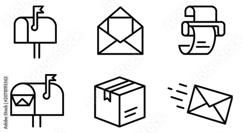 Foto Postal service icons featuring mailbox, open envelope, letter, package slot, delivery, and secure shipping symbols, minimalist line vector illustration for logistics, mail, and communication