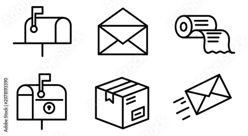 Bilde på lerret Postal service icons featuring mailbox, open envelope, letter, package slot, delivery, and secure shipping symbols, minimalist line vector illustration for logistics, mail, and communication