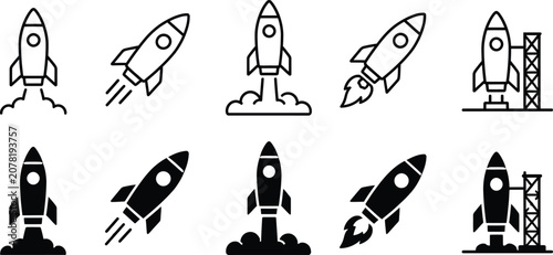 Tableau sur toile Modern Rocket Launch and Space Mission Icon Collection for Startup Innovation Su