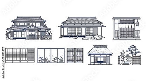Bild auf Leinwand Traditional Japanese Architecture Collection: Houses, Shoji Screens, Garden Elem