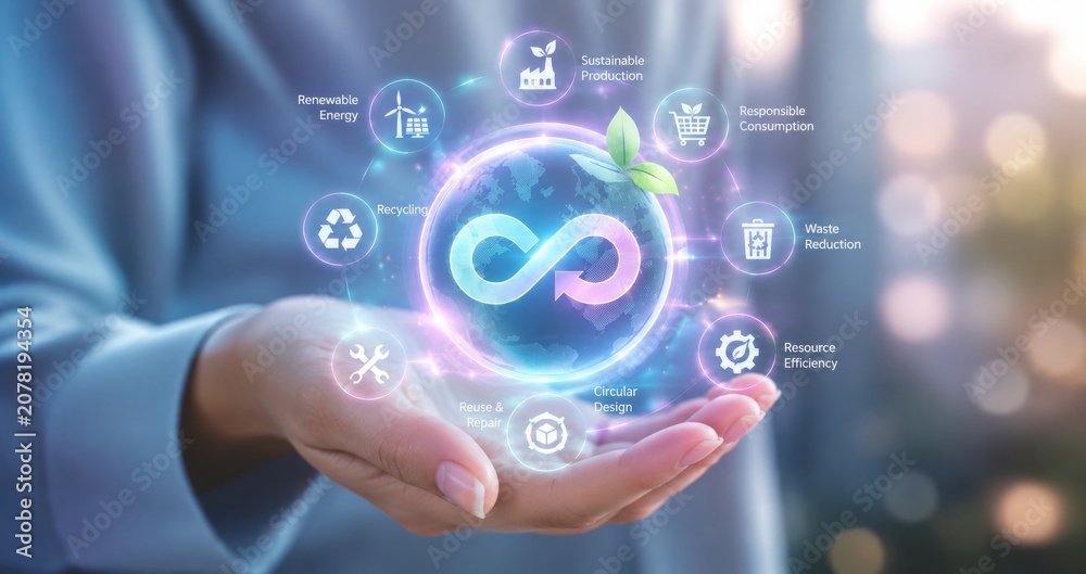 Fototapeta premium Hands holding glowing infinity symbol surrounded by sustainability and circular economy icons on bokeh background