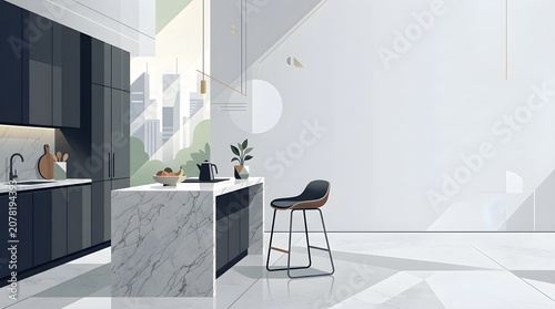 Sleek Modern Kitchen Interior Digital Graphic Illustration