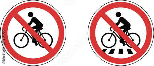 Fotografie Bicycle, forbidden on crosswalk sign, no bike prohibition symbol for pedestrian crossing safety traffic regulations and public warning signage