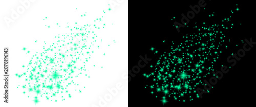 Emerald green glitter dust explosion, glowing mint sparkles on black and white backgrounds, magical shimmering particles for festive design