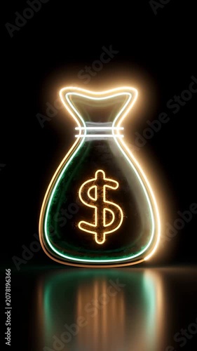 Neon Money Bag Icon Glowing Sign Loop Background with Dollar Symbol