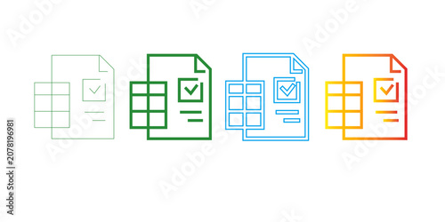 Set of Colorful Document Icons with Checkmark and Spreadsheet Grid for Business Management and Data Reporting