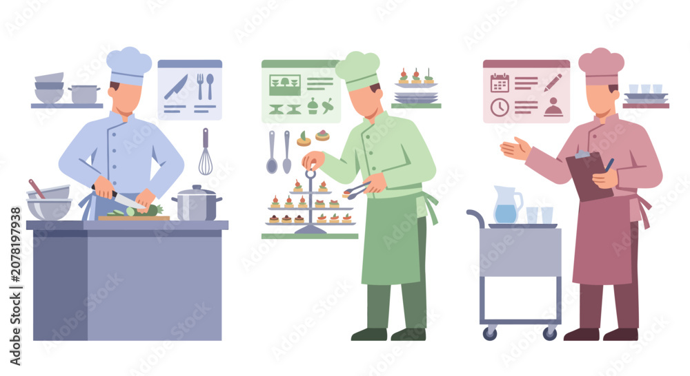 Naklejka premium Chefs preparing food, serving desserts, and managing kitchen operations in a restaurant.