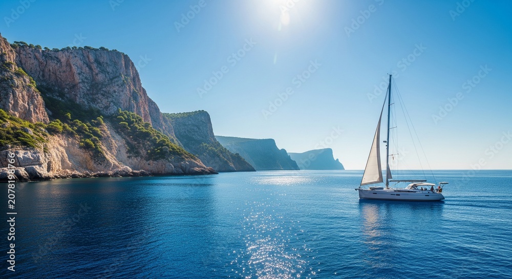 Fototapeta premium A white sailboat sailing on deep blue ocean water next to massive high cliffs under a bright sun