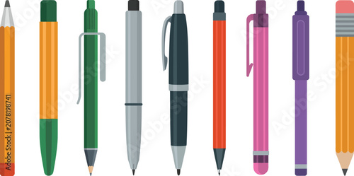 Pens, and pencils vector set, writing and drawing instruments, school stationery, office supplies, creative tools, education and productivity resources.