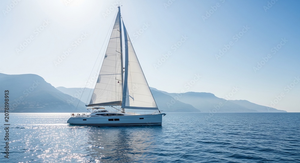Fototapeta premium A beautiful white yacht sailing on peaceful blue sea water with soft mountains visible in the distant mist under a clear sun