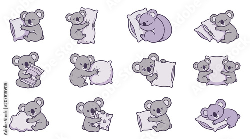 Photography Cute koala icons cuddling pillows and sleeping set.
