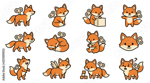 Bild auf Leinwand Cute orange wind-up fox characters in various poses.