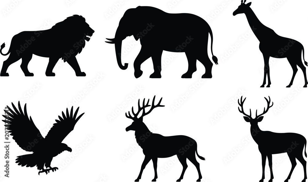 Αυτοκόλλητο Set of wild animal silhouettes including lion elephant giraffe eagle and deer wi