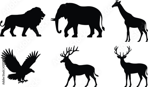 Photography Set of wild animal silhouettes including lion elephant giraffe eagle and deer wi