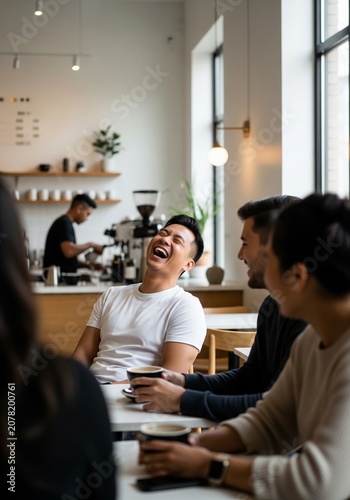 A group of diverse friends sitting inside a bright coffee shop, with one Asian man laughing out loud while holding a coffee cup