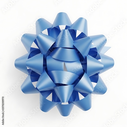 A bright blue gift bow made of satin ribbon loops, isolated on a clean white background, top-down view of a decorative present topper