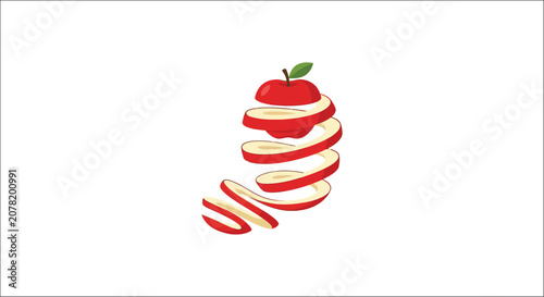 Photos Sliced apple spiral illustration with red skin and white flesh on a white backgr