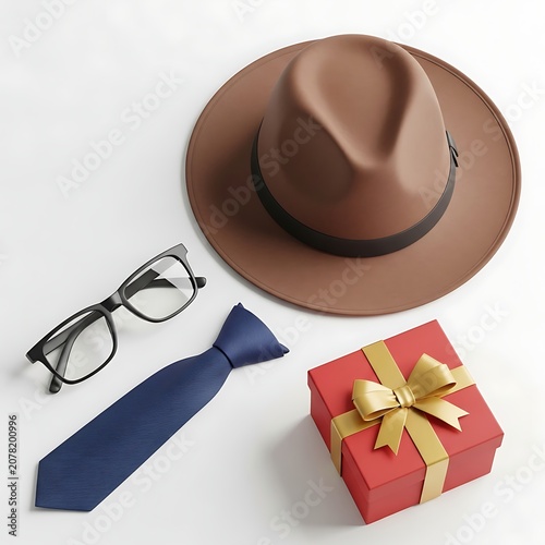 Brown fedora hat, black-rimmed eyeglasses, navy blue necktie, and a red gift box with a gold ribbon, arranged on a white background