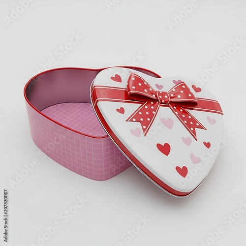 Open heart-shaped metal gift tin with a red and white polka dot bow, featuring a grid pattern interior and heart-patterned lid