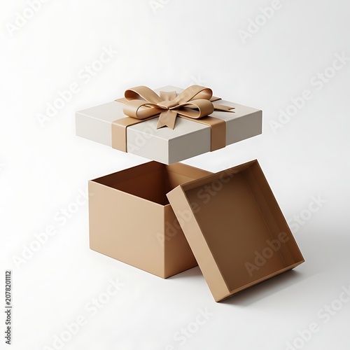Open square gift box with a beige lid and tan ribbon bow, floating lid above an empty cardboard base on a plain white background