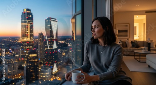 A young woman with dark hair sitting by a large window in a high-rise luxury apartment at sunset, holding a white coffee mug