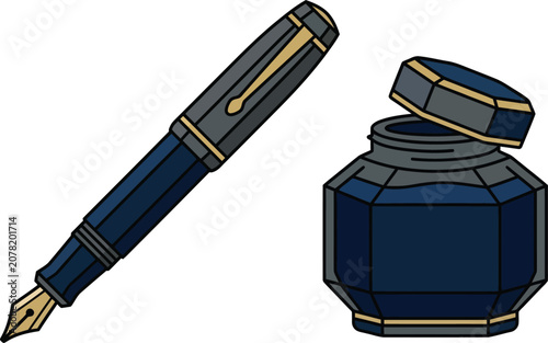 Black fountain pen and blue ink bottle for writing and calligraphy isolated on a white background