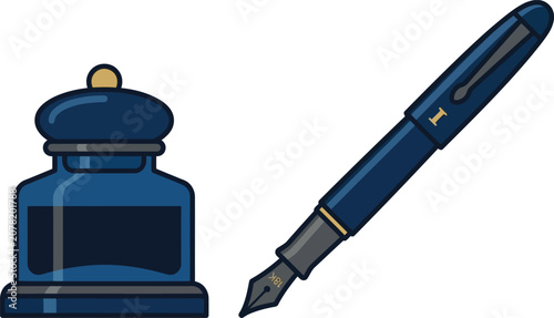 Classic blue fountain pen and glass ink bottle for calligraphy and professional writing isolated on white background