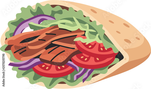 Fresh delicious doner kebab sandwich with meat tomato lettuce and onion bread pocket isolated on white background