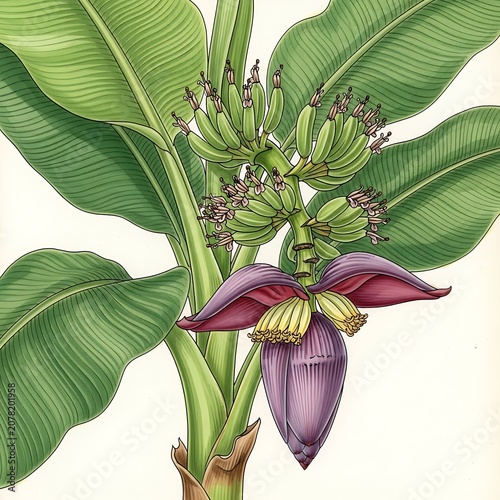 Banana Plant with Flower and Fruit Illustration.