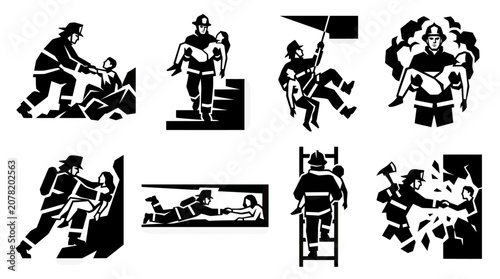 Foto Firefighter Rescue Silhouettes: Saving People from Danger, Emergency Services, H