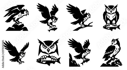 Owl Vector Silhouettes Collection: Hunting, Perching, Flying Icons