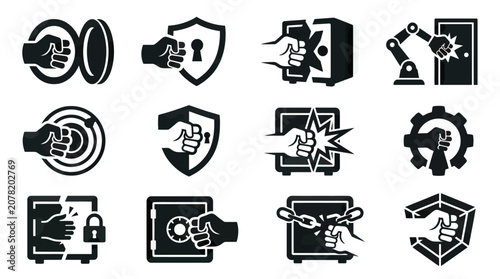 Bild auf Leinwand Security Icons: Hand Breaking Safe, Lock, Shield, Robot Arm, Gear, Chain