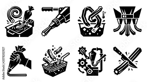 Bild auf Leinwand Food preparation icons: Deep frying, dough extruding, cutting, machine