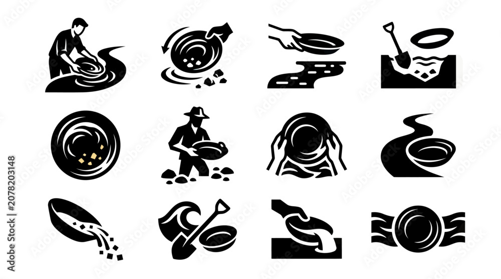 Foto Gold Prospecting Icons: Panning, Digging, Mining Tools, and River Elements