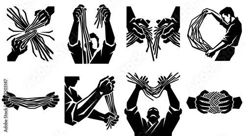 Bild auf Leinwand Hands Tying and Untying Rope, Abstract Silhouettes of Work and Effort