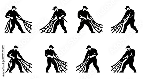 Fisherman Pulling Net Silhouette, Nautical Work, Seafaring Activity
