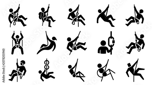 Tableau sur toile Rock Climbing Icon Set: Safety Harness, Rope, Rappelling, Ascending, Descending