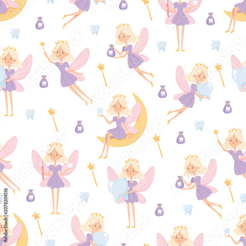 Cute seamless pattern featuring the Tooth Fairy, magical characters, teeth, magic wands, moons, and reward pouches. Flat vector background for children's and medical designs.