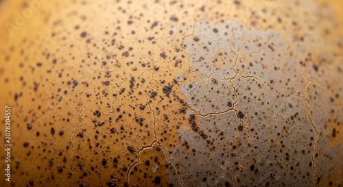 Extreme close-up of a textured, yellow-gold organic surface covered in dark brown spots and fine cracked lines, resembling a bird's eggshell or a ceramic glaze