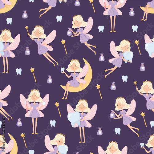 Cute seamless pattern featuring the Tooth Fairy, magical characters, teeth, magic wands, moons, and reward pouches. Flat vector background for children's and medical designs.