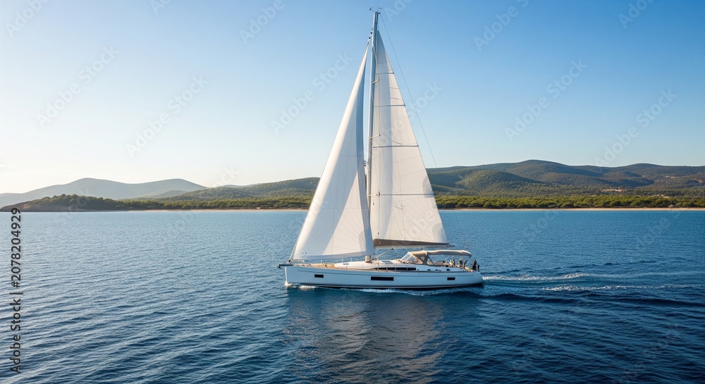 Fototapeta premium A white sailing yacht moving across the deep blue water with green hills and coastline in the background