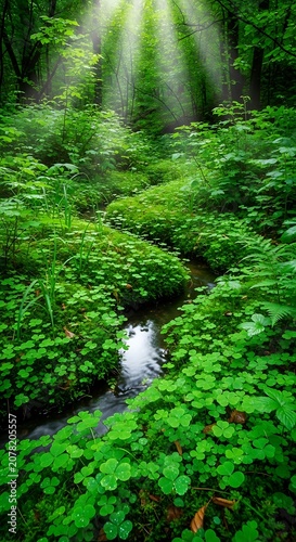 Lush Green Forest with Sunlight Filtering Through Trees.