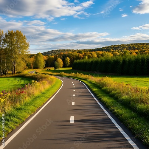 Scenic Rural Road Curving Through Green Countryside Landscape.