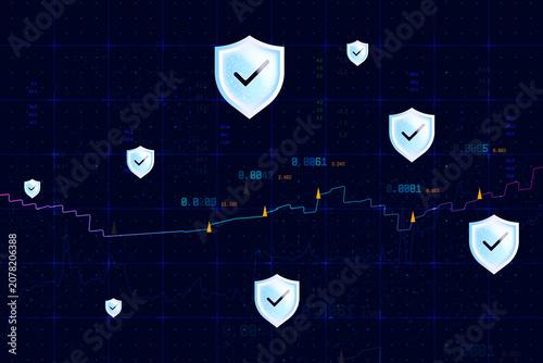 Cybersecurity shields with check marks over financial data and market analytics dashboard. Digital protection, secure transactions, fintech and network security for banking and business.