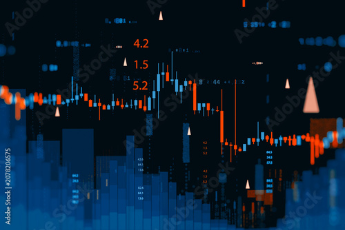 Financial stock market graph with candlestick chart and abstract bar numbers on dark screen. Business investment data analytics, global trading or cryptocurrency exchange rate concept.