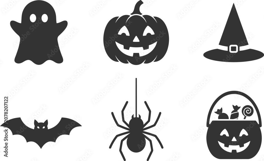 Fototapeta premium Halloween icon set ghost pumpkin witch hat bat spider and trick or treat bucket