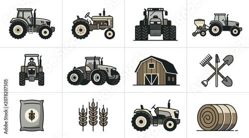 Tableau sur toile Farm equipment, grain crops, and barn icon collection