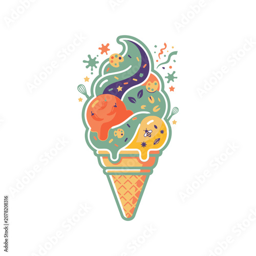 Colorful festive soft serve ice cream cone design.